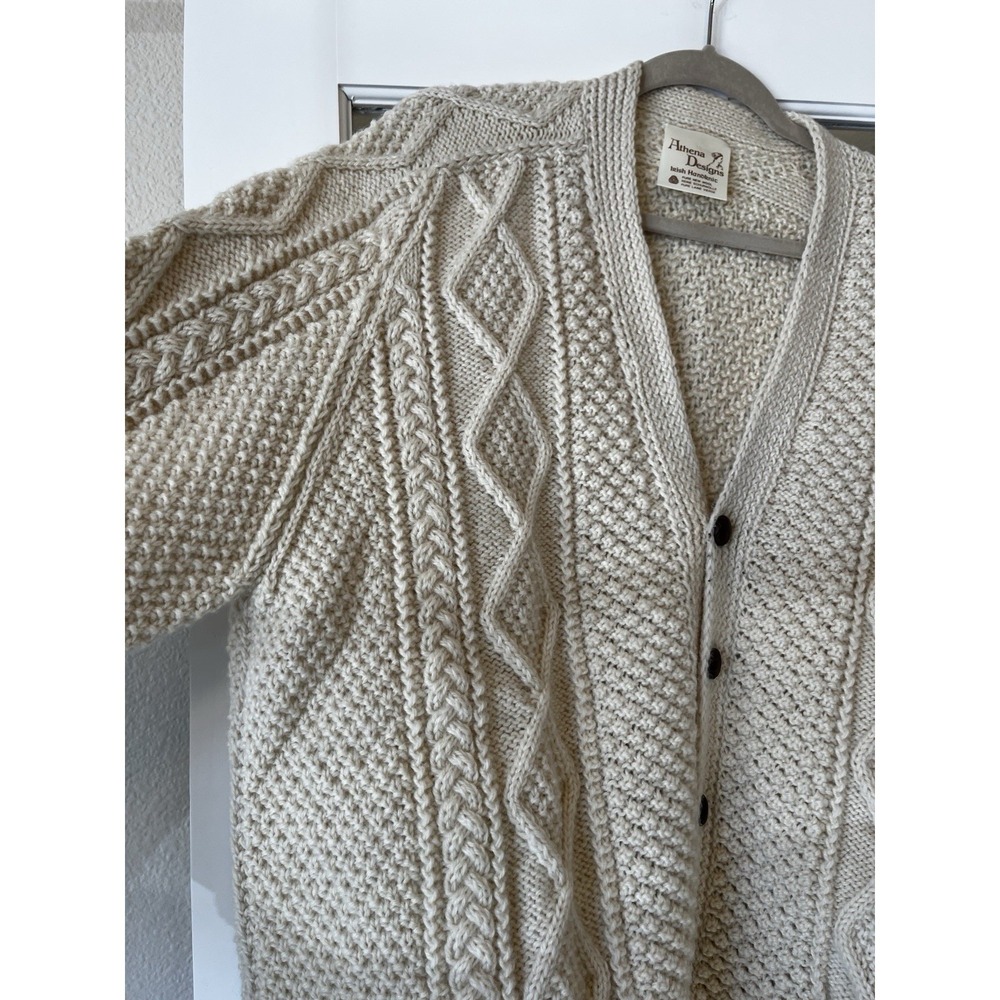 Athena Designs Irish Handknit‎ Wool Cable Knit Sweater Size L Cream Beige V Neck - Picture 4 of 10